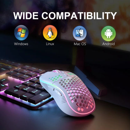 2.4G Wireless Ergonomic Gaming Mouse with RGB Backlight, 6 Buttons, 3-Speed DPI, Type C Rechargeable, Honeycomb Design