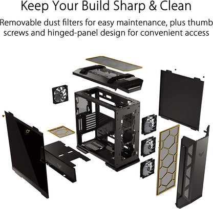 TUF Gaming GT501 Mid-Tower PC Case for up to EATX Motherboards with USB 3.0 Front Panel, Smoked Tempered Glass, Steel Construction, and Four Case Fans