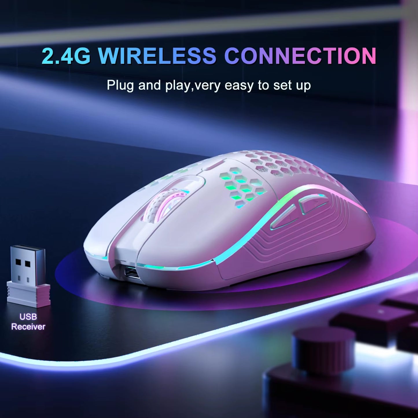 2.4G Wireless Ergonomic Gaming Mouse with RGB Backlight, 6 Buttons, 3-Speed DPI, Type C Rechargeable, Honeycomb Design