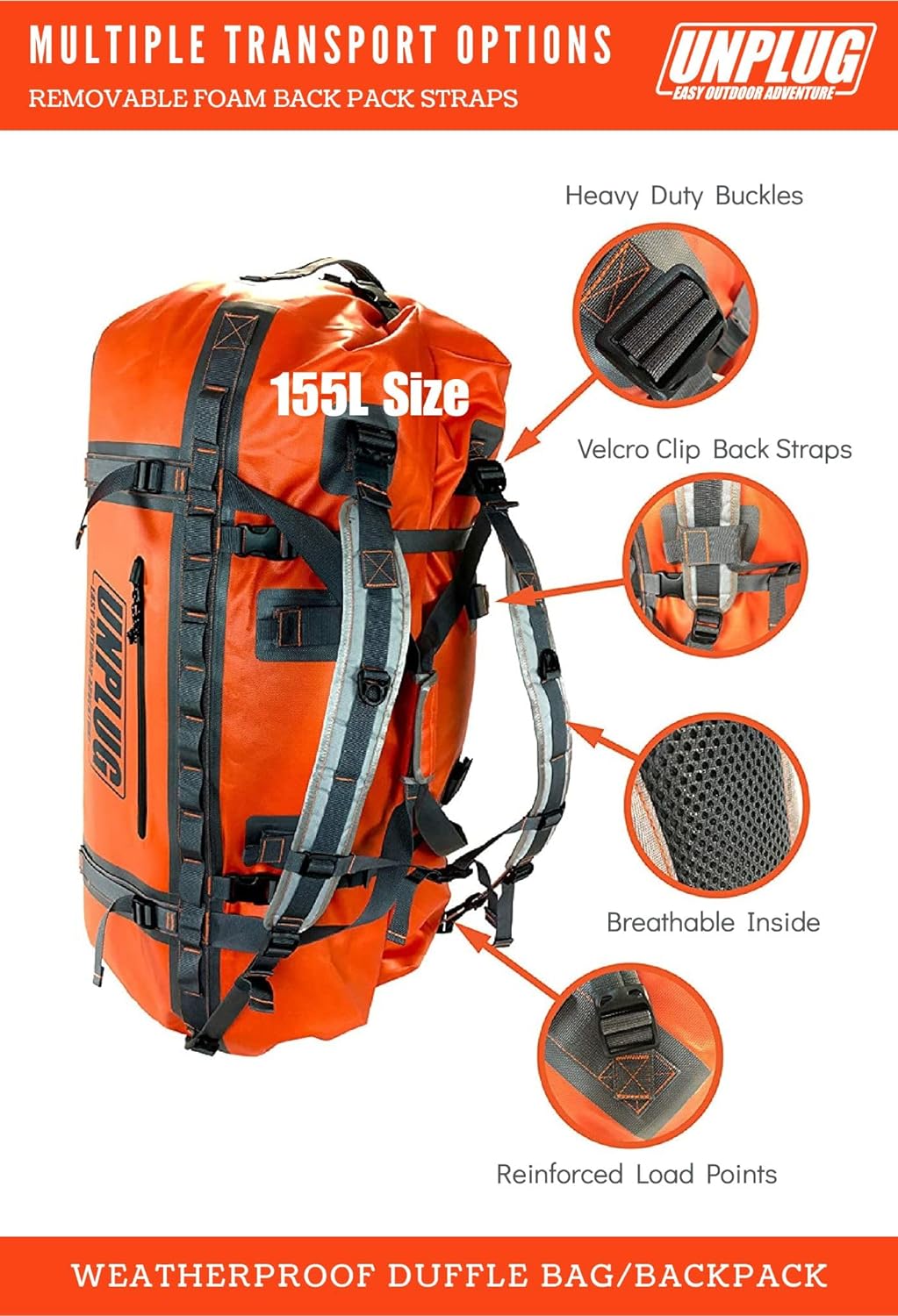 UNPLUG Ultimate Adventure Bag | 1680D Heavy Duty Waterproof Bag | Large Travel Duffle Bag Which Can Be Used for Camping, Motorcycling, Boating, or Hunting
