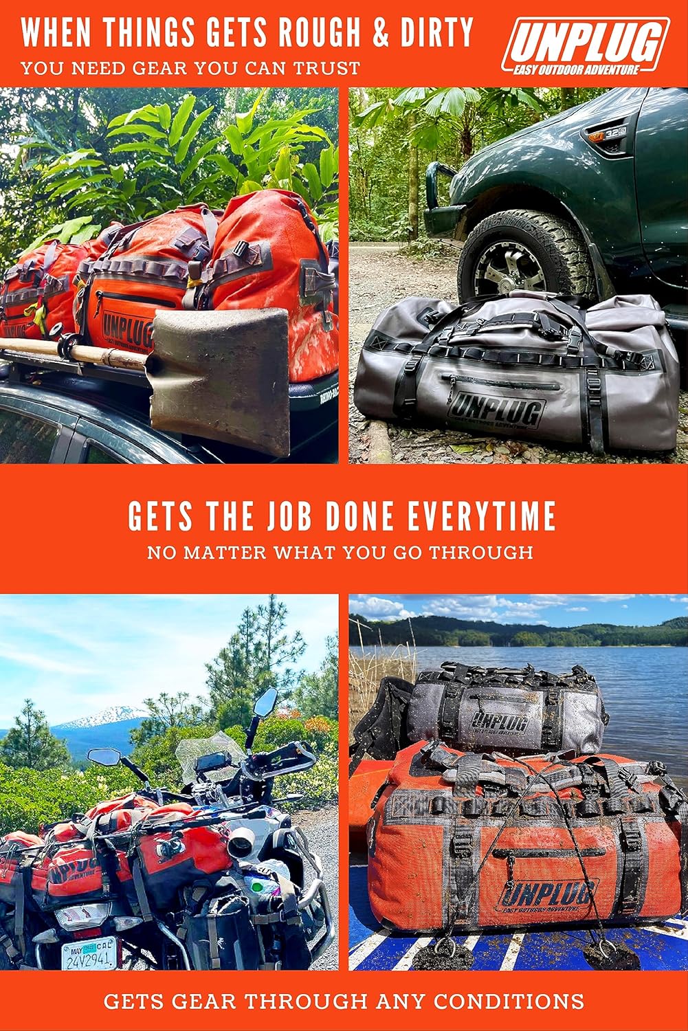 UNPLUG Ultimate Adventure Bag | 1680D Heavy Duty Waterproof Bag | Large Travel Duffle Bag Which Can Be Used for Camping, Motorcycling, Boating, or Hunting