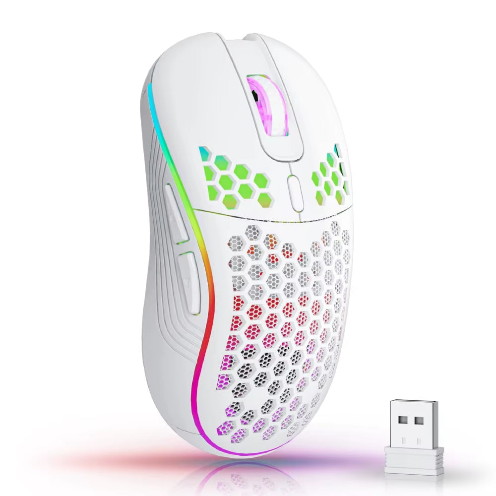 2.4G Wireless Ergonomic Gaming Mouse with RGB Backlight, 6 Buttons, 3-Speed DPI, Type C Rechargeable, Honeycomb Design