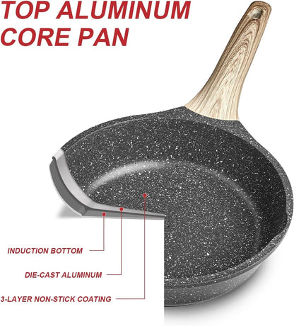 Nonstick Granite Frying Pan Skillet, Non Stick Omelette Fry Pans, Omelet Egg Pan, Stone Cookware Chef'S Pan, Induction Compatible, PFOA Free (Gray, 9.5 Inch with Lid)
