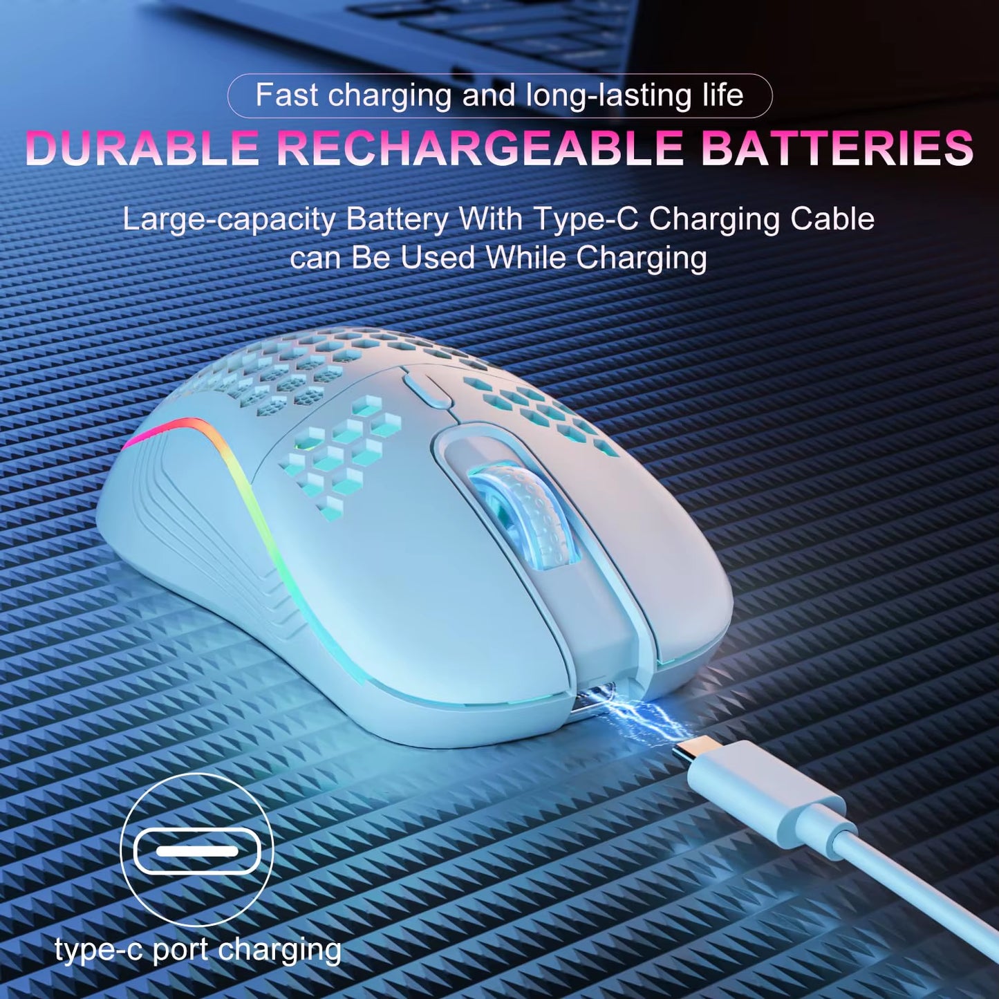 2.4G Wireless Ergonomic Gaming Mouse with RGB Backlight, 6 Buttons, 3-Speed DPI, Type C Rechargeable, Honeycomb Design