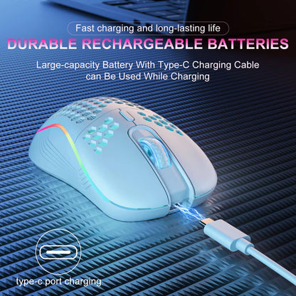 2.4G Wireless Ergonomic Gaming Mouse with RGB Backlight, 6 Buttons, 3-Speed DPI, Type C Rechargeable, Honeycomb Design
